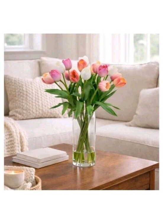 Other - TULIPS FAKE ARTIFICIAL FLOWER FLORAL ARRANGEMENT SILK FLOWERS CERAMIC VASE NEW